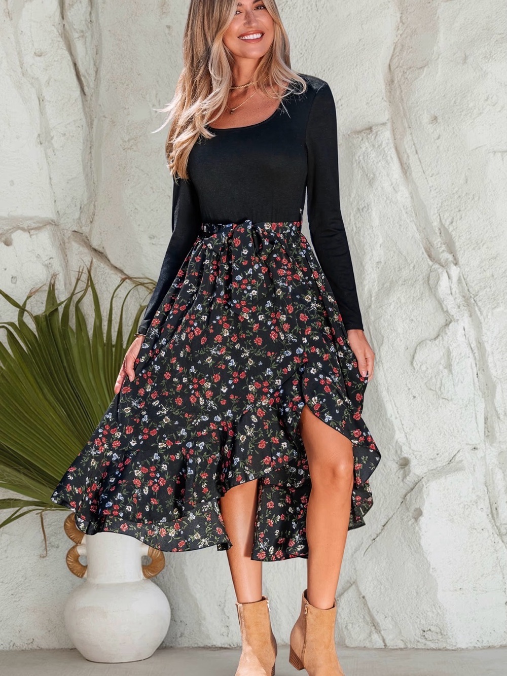 Cupshe Aria Black Floral Midi Dress Long Sleeve Womens Medium